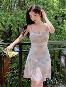Vestido Mini Feminino Floral com Costas Abertas e Alças - Sexy Romântico Sem Manga Férias Verão
