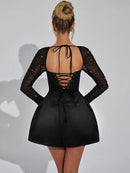 Vestido Mini Feminino com Brilho e Manga Longa - Sexy Costas Abertas Amarrão Cintura Alta Clube Festa