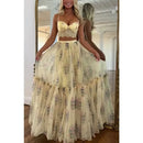 Women Boho 2 Piece Floral Chiffon Maxi Dress Sexy Summer Lace Corset Top & Tiered Flowy Tulle Skirt Set for Prom Wedding Party