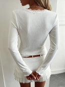 Casual Knitwear Lace V-Neck Cardigan Women Slim Solid Long Sleeves Commuting Cropped New Outwear Women's Knit Cardigan Top