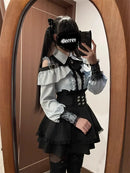 Women‘s Lolita Set Dark Femme Mesh Top & Waist Cinching Skirt, 2025 Autumn Japanese Street Style Coord for Gothic Baddie Fashion