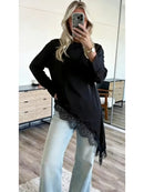 Ladies Elegant Asymmetric Lace Hem Black Blouse Chic O-neck Long Sleeve Loose T-shirt Tops 2026 New Spring Women's Blouse
