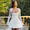 Vestido Mini Feminino com Renda Patchwork e Cintura Franzida - Linha A Costas Abertas Sexy Festa Balada Outono Inverno