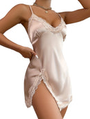 Camisola Feminina Luxuosa de Cetim Vermelho com Renda e Halter - Sexy Costas Abertas Noite