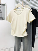 Women's V-Neck Rivet Detail Ruched Short Sleeve T-shirt Casual Slim Fit Crop Top