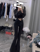 Fashion V High Waist Black Flare Pants Women 2025 Summer Korean Slim Fit Wide Leg Trousers Ladies Streetwear Bell Bottom Pants