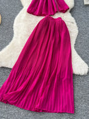 Women Summer Skirt Sets New Fashionable Three-dimensional Flower Short Sleeved Chiffon Top Pleated Skirt Two-piece Set C111