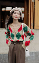 Cardigan Tricô Xadrez Feminino Estilo Coreano - Decote V Outono Inverno 2025