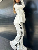Women 2 Piece Sets Suit Jacket Wide Leg Pants Turn Down Collar Pockets Striped Blazer Coat Trousers 2025 Office Lady Outfits