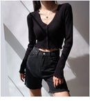 Sexy Knitted Cardigan V Neck Naked Navel Crop Tops Chic Fungus Hem Shirt Women's Spring and Summer Korean Versatile Y2k Sweater