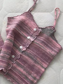 2024 New Stripe Print Spaghetti Strap Top Casual Ruffle Trim Button Front Knit Cami Top For Summer Women's Clothing