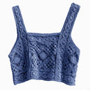 Women Crochet Sleeveless Crop for Tank Top Retro Knit Plaid Square Neck Sweater 6XDA