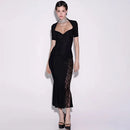 Ticketsx Sexy Lace Dress Set Women Fashion V-Neck See-Through Patchwork Pleated Slim Skirts Set Elegant Party Evening Dress Set