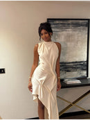 Women Elegant Pleated Irregular Slim Long Skirt Sexy Solid Backless Off-shoulder Dress New Dating Party Festival Club Prom Gown