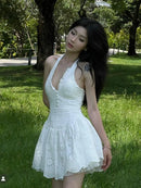Vestido Feminino Branco com Renda Bordada e Halter - Sem Manga Costas Abertas Sexy Linha A Festa 2025