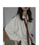 Women's Oversized Long Sleeve Blouse 2026 Summer New Arrival Tie Neck Shirt Loose Fit Office Elegant Fashion
