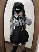 Women‘s Lolita Set Dark Femme Mesh Top & Waist Cinching Skirt, 2025 Autumn Japanese Street Style Coord for Gothic Baddie Fashion