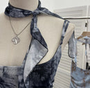 Women's Vintage Tie-dye Printed Mesh Spaghetti Strap Camisole Hot Girl Irregular Ruffled Ribbon Sleeveless Top Partyclub 1185