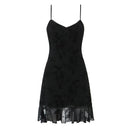 French Vintage Sexy Spaghetti Straps Flowers Short Dress Bungundy Black