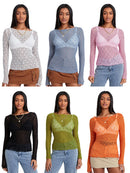 Women Lace Pullover TopS Retro Long Sleeve Round Neck See Through Solid Color Fitted T-Shirts Casual Blouse Streetwear Y2K 2000s