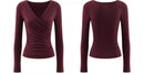 Elegant Ruched Cross V Neck Knit Top Slim Fit Long Sleeve Shirt for Women Chic Casual Early Spring Daily Base Layer Style Lady