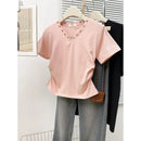Women's V-Neck Rivet Detail Ruched Short Sleeve T-shirt Casual Slim Fit Crop Top
