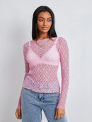Women Lace Pullover TopS Retro Long Sleeve Round Neck See Through Solid Color Fitted T-Shirts Casual Blouse Streetwear Y2K 2000s