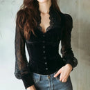 Women Blouse Elegant Sexy V Neck Lace Splicing Long Sleeve Top European American Slim Fit Button Front Velvet Shirt Blouse