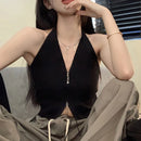 Regata Cropped Halter com Zíper - Feminina Sexy Streetwear Sem Manga