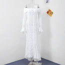 Vestido Longo Feminino com Estampa de Conchas e Manga Flare - Sexy Costas Abertas Renda Cor Sólida Gola Redonda