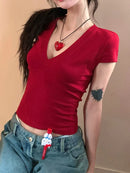 Camiseta Cropped Feminina Básica com Decote V e Manga Curta - Slim Sexy Cor Sólida Casual Streetwear Verão