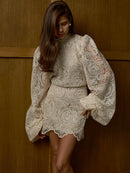 2026 New Women's Long Sleeve Design Fashion Openwork Lace Miniskirt Elegant Temperament Autumn Party Banquet Evening Dress
