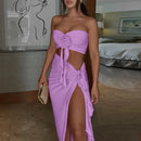 Two Piece Skirt Set for Women Sexy 3D Flower Tube Top High Split Long Maxi Skirt Womens Vacation Outfits