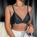 Women's Fishnet Rhinestone Crop Top Summer Sexy Mesh High Elastic Black White Shirt Net Semen Y2K Tank Tops See Through Crop Top