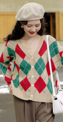 Cardigan Tricô Xadrez Feminino Estilo Coreano - Decote V Outono Inverno 2025