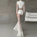 Elegant High Waist Slim Straight Trousers Sexy See Through Mesh Flare Pants for Women Summer Solid Commute Lady Long Pants Mujer