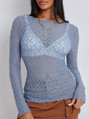 Women Lace Pullover TopS Retro Long Sleeve Round Neck See Through Solid Color Fitted T-Shirts Casual Blouse Streetwear Y2K 2000s