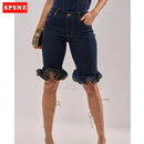 Casual High Waist Denim Shorts Women Fashion Ripped Wave Ruffle Hem Slim Fit Jeans Shorts Streetwear Trendy Slimming Shorts
