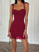Vestido Mini Feminino Elegante com Babados e Bandagem - Sexy Slim Festa Aniversário