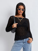 Women Lace Pullover TopS Retro Long Sleeve Round Neck See Through Solid Color Fitted T-Shirts Casual Blouse Streetwear Y2K 2000s