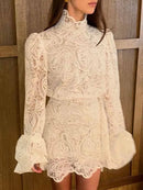 Lace Elegant Skirt Two Piece Set Women Turtleneck Hollow Out Lantern Sleeve Tops Irregular Hem Mini Skirt 2025 Chic Party Suit