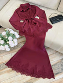 Women Two Piece Sets Skirt Set Turn Down Collar Lace Sexy Full Sleeve Tops Long Skirts High Waist Y2k Streetwear Elegant Work