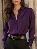 Women's  Long Sleeve Button Down Blouse - Elegant Office Chic Top with Classic Collar & Versatile Style