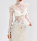 Sexy Lace Bottomed Blouse Women Long Sleeve Crop Top Sleeved High Neck With Hollowed Out Chiffon Foreign Style Sexy Mesh