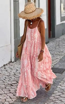 Tie Dye Print Spaghetti Strap Dresses Women Bohemian Style Loose Backless Vacation Beach Long Dress Female Fashion Streetwear