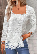 Lace Blouse Tee Shirt Women Vintage Top Solid Full Sleeve Square Collar Streetwear Ladies Casual Spring Summer Basic Tops 2025