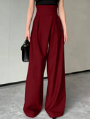 Flowy Wide Leg Palazzo Pants for Women - High Waist Pleated Trousers, Elegant Burgundy Office Suit Pants Spring Summer Slacks