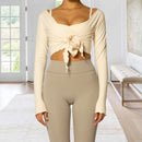 New Women Crop Wrap Tops Solid Color Tie up Hem V-Neck Fitted Long Sleeve Shirt For Club Streetwear Aesthetic Clothes S M L