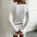 Casual Knitwear Lace V-Neck Cardigan Women Slim Solid Long Sleeves Commuting Cropped New Outwear Women's Knit Cardigan Top
