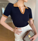 Top Tricô Feminino Manga Curta Decote V - Slim Elegante Casual Verão 2025